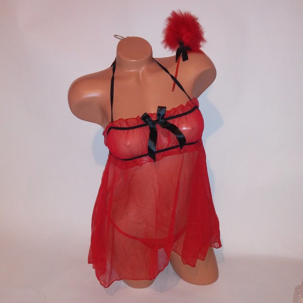 Dreamgirl Lingerie Set Babydoll Panty & Feather Tickler One Size 90-160 lbs Red